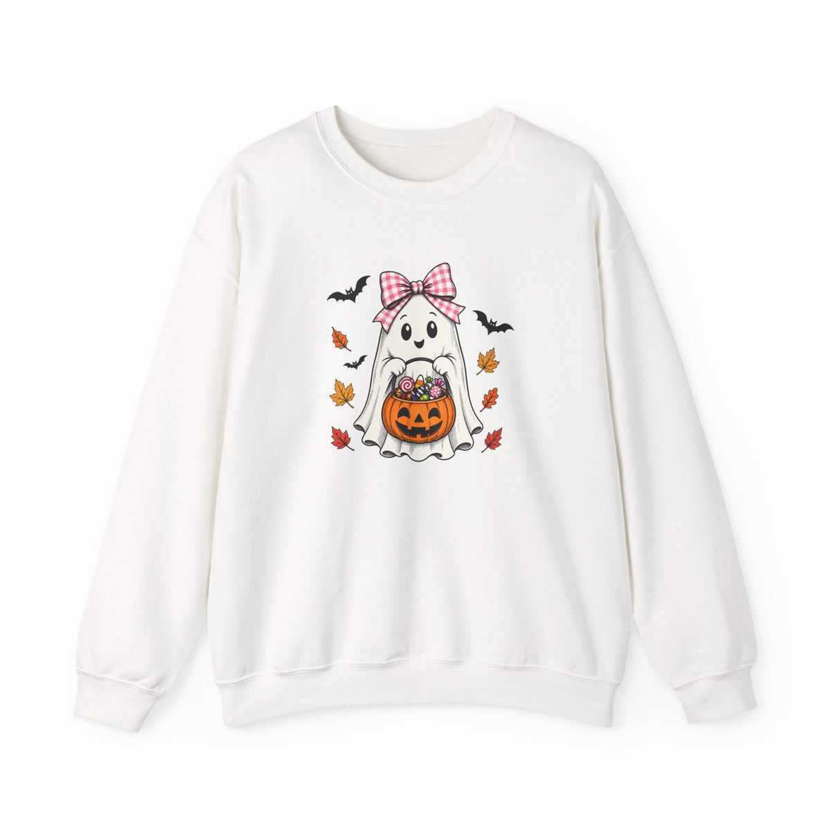 Cute Halloween Ghost Sweatshirt – Girl Ghost with Pumpkin Basket & Bats