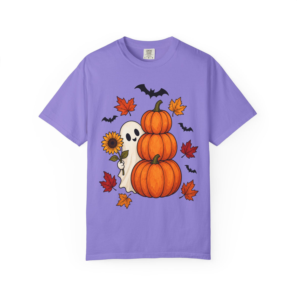 Halloween Pumpkin Stack T-Shirt — Cute Ghost, Sunflower & Falling Leaves Design