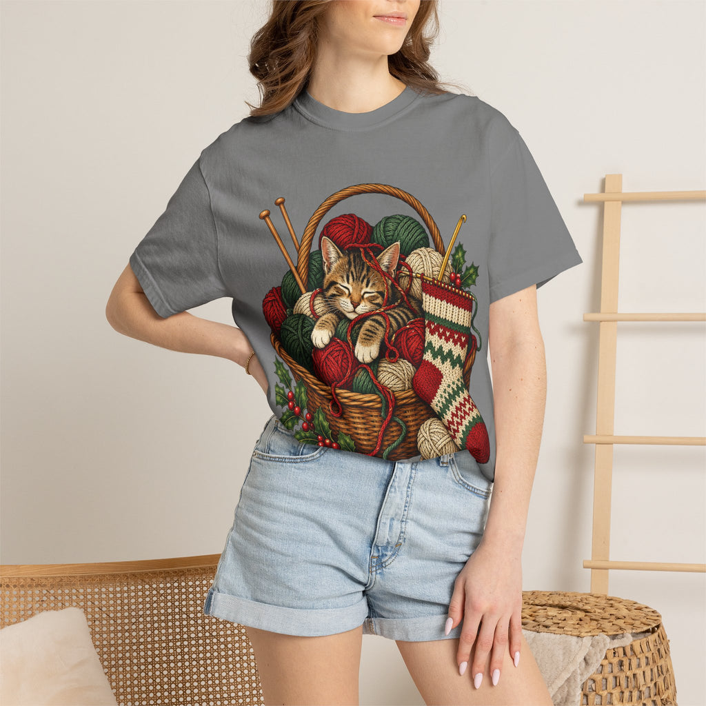 Cat in Yarn Basket T‑Shirt — Cozy Holiday Knitting Cat Tee