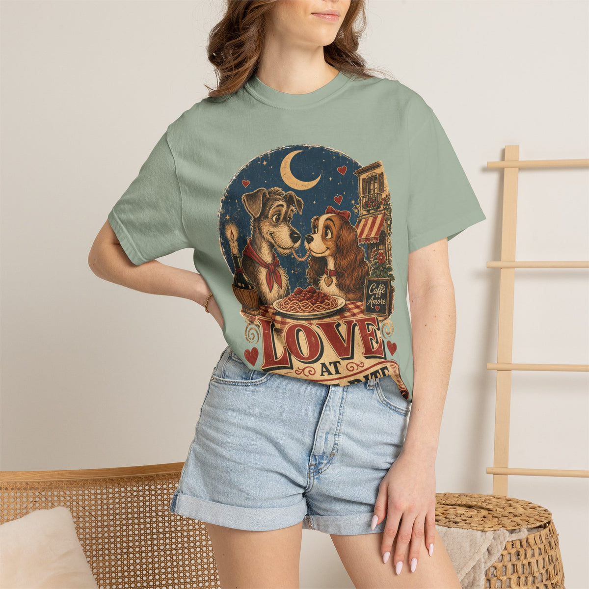 T-Shirt — "Love at First Bite" Vintage Pizza Date Dogs Tee
