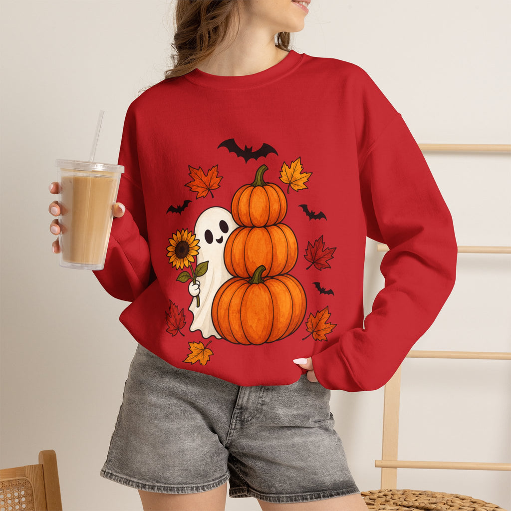 Halloween Pumpkin Stack Crewneck Sweatshirt — Ghost, Sunflower & Falling Leaves Design