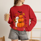 Halloween Pumpkin Stack Crewneck Sweatshirt — Ghost, Sunflower & Falling Leaves Design
