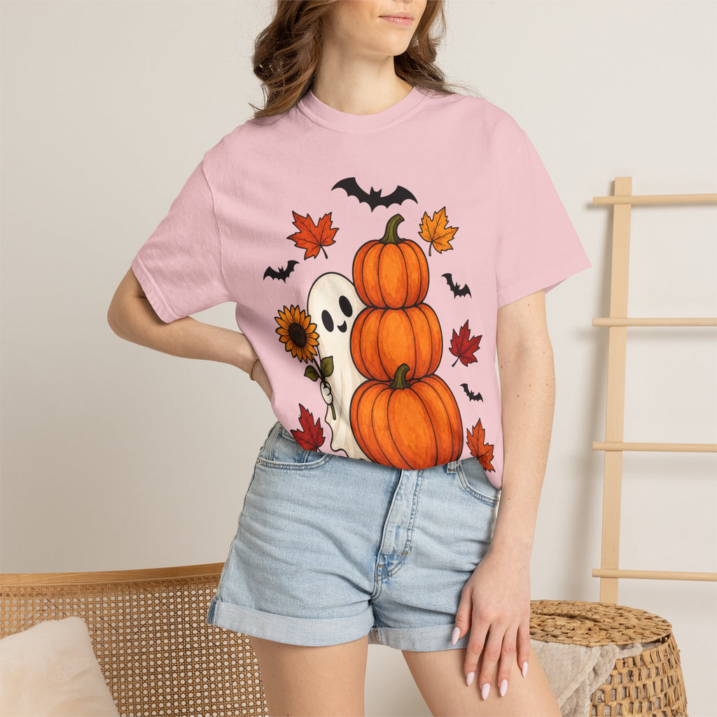 Halloween Pumpkin Stack T-Shirt — Cute Ghost, Sunflower & Falling Leaves Design