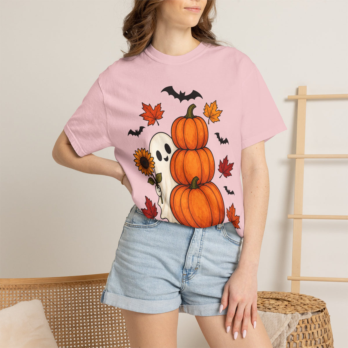 Halloween Pumpkin Stack T-Shirt — Cute Ghost, Sunflower & Falling Leaves Design