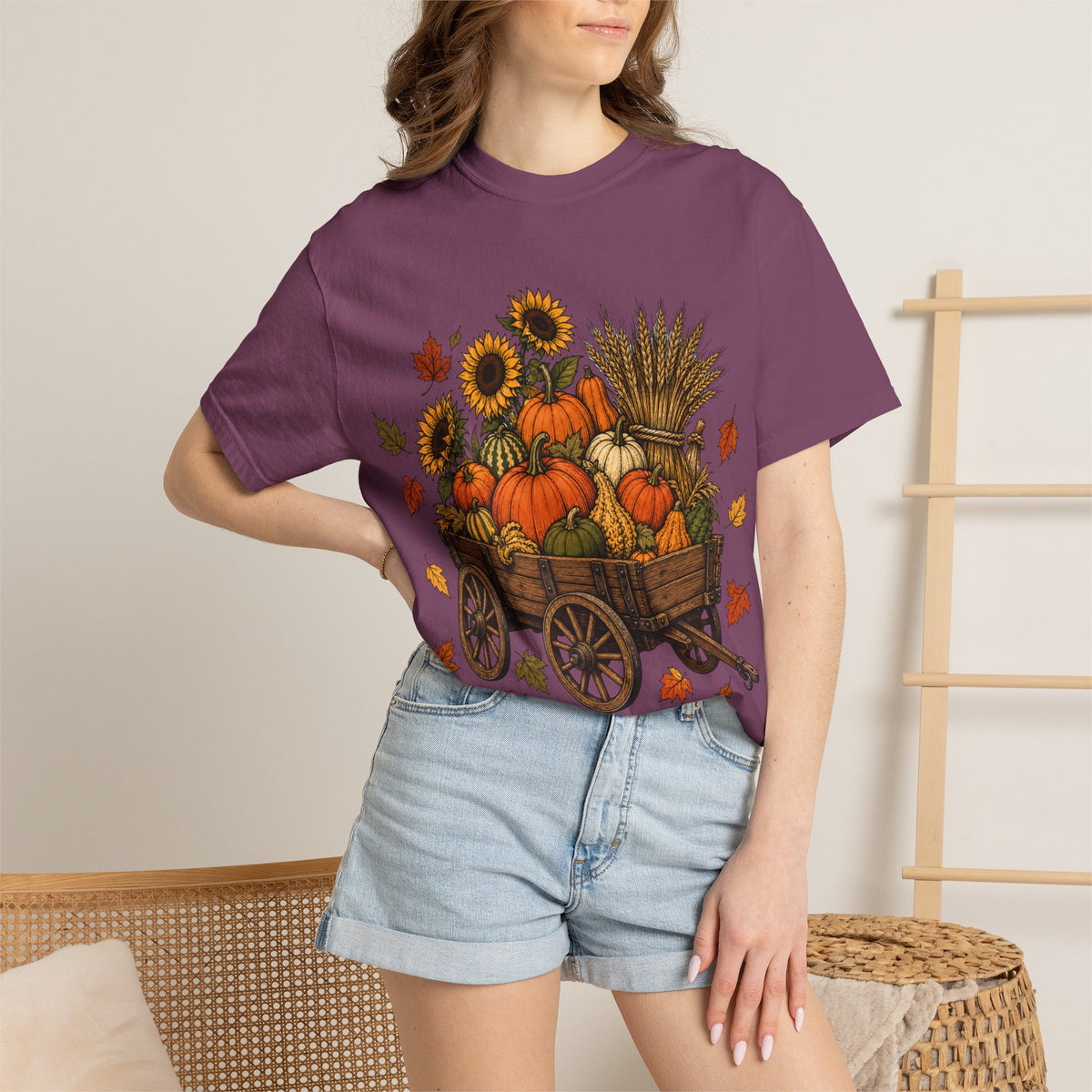 T-Shirt „Herbsternte-Wagen“ — Kürbis & Sonnenblume Herbst-T-Shirt