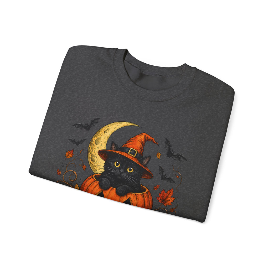 Halloween Black Cat Pumpkin Sweatshirt — Witch Hat, Moon & Bats Crewneck