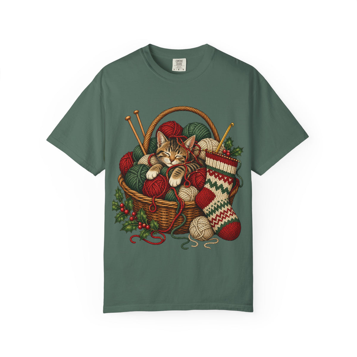 Cat in Yarn Basket T‑Shirt — Cozy Holiday Knitting Cat Tee