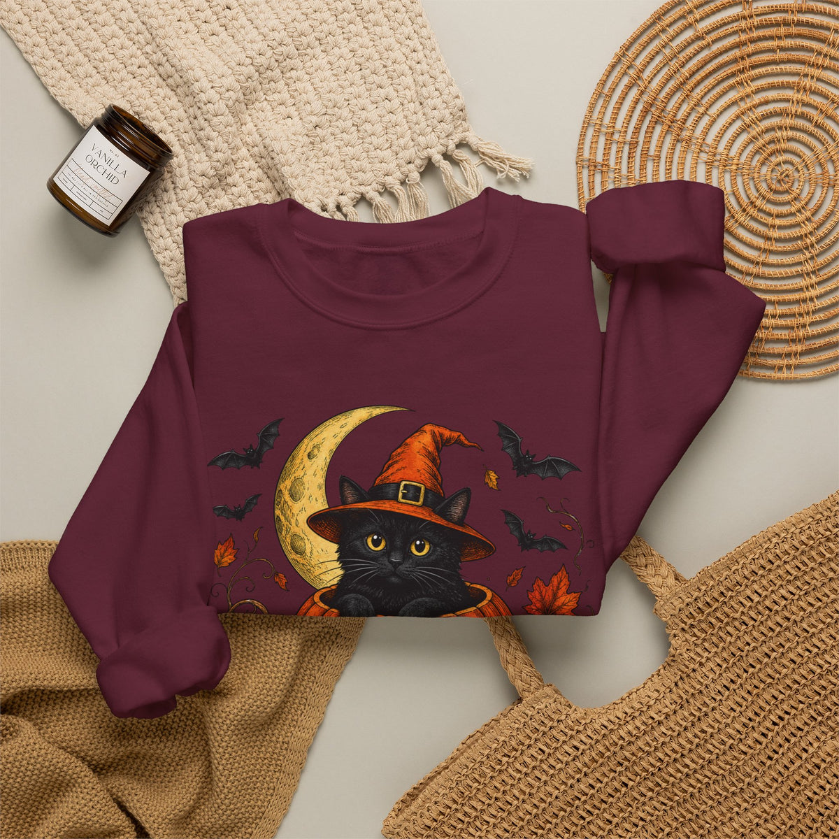 Halloween Black Cat Pumpkin Sweatshirt — Witch Hat, Moon & Bats Crewneck