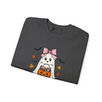 Cute Halloween Ghost Sweatshirt – Girl Ghost with Pumpkin Basket & Bats