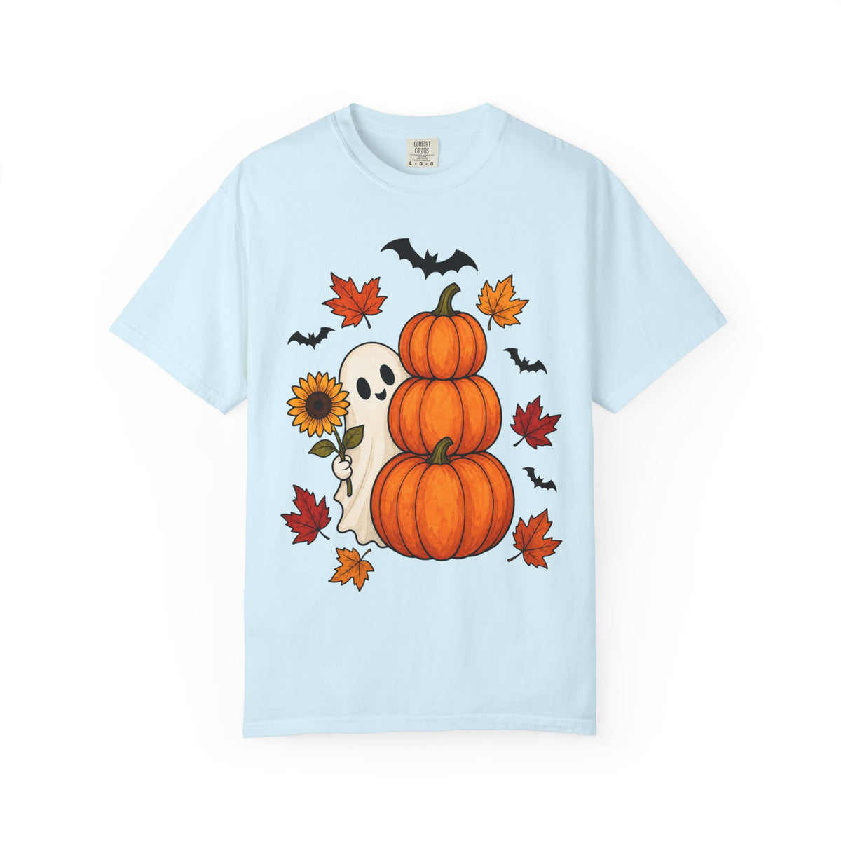 Halloween Pumpkin Stack T-Shirt — Cute Ghost, Sunflower & Falling Leaves Design