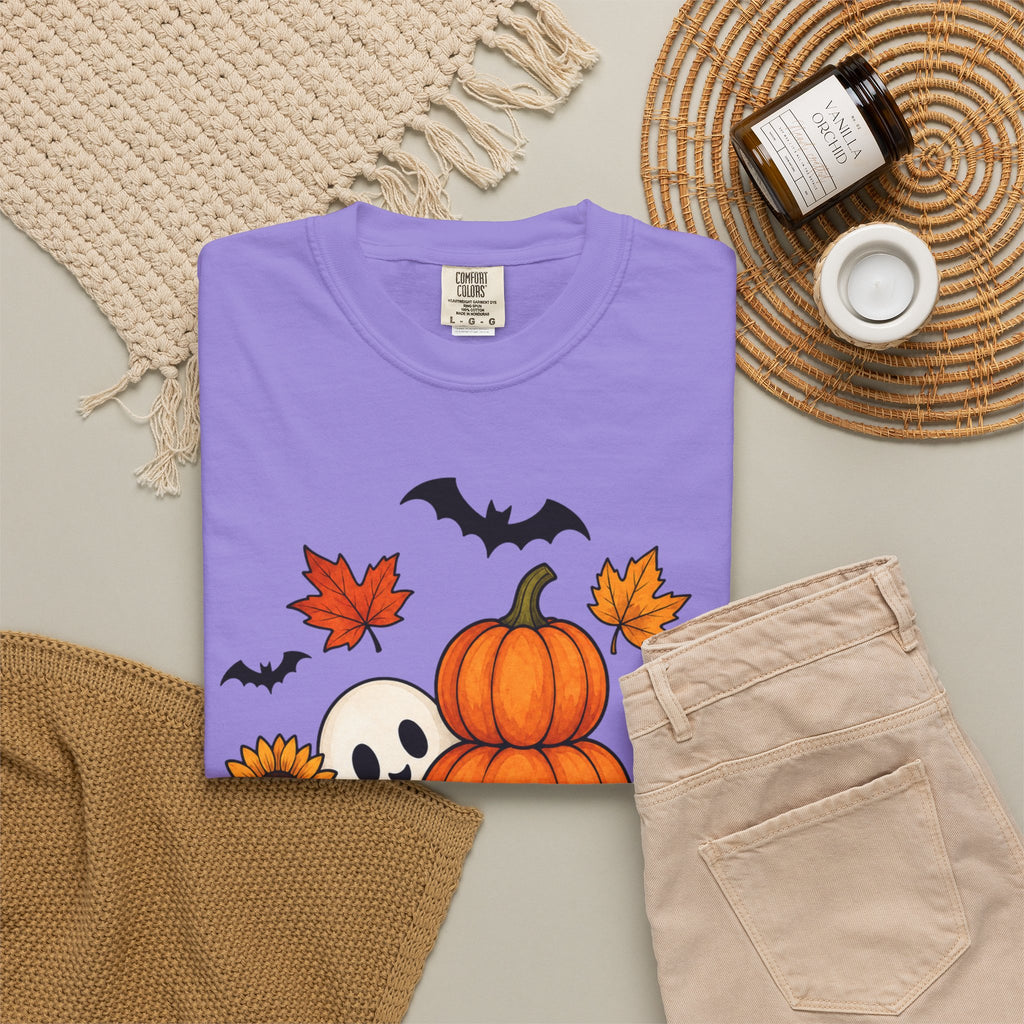 Halloween Pumpkin Stack T-Shirt — Cute Ghost, Sunflower & Falling Leaves Design