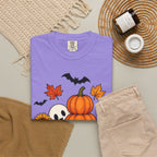 Halloween Pumpkin Stack T-Shirt — Cute Ghost, Sunflower & Falling Leaves Design