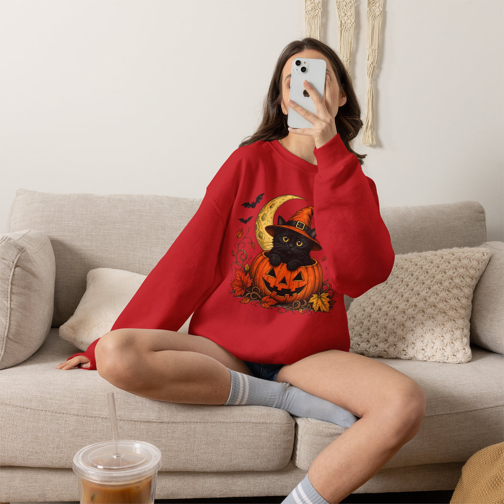 Halloween Black Cat Pumpkin Sweatshirt — Witch Hat, Moon & Bats Crewneck