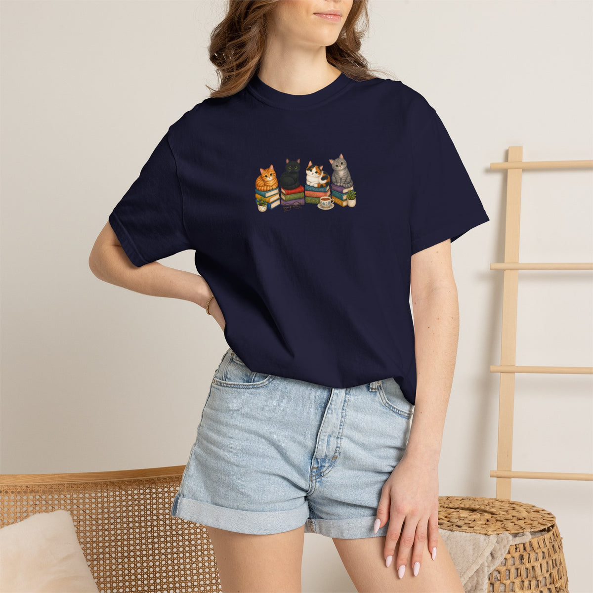 Cat Knit Crew T-Shirt — Cozy Cats Sitting Together Graphic Tee