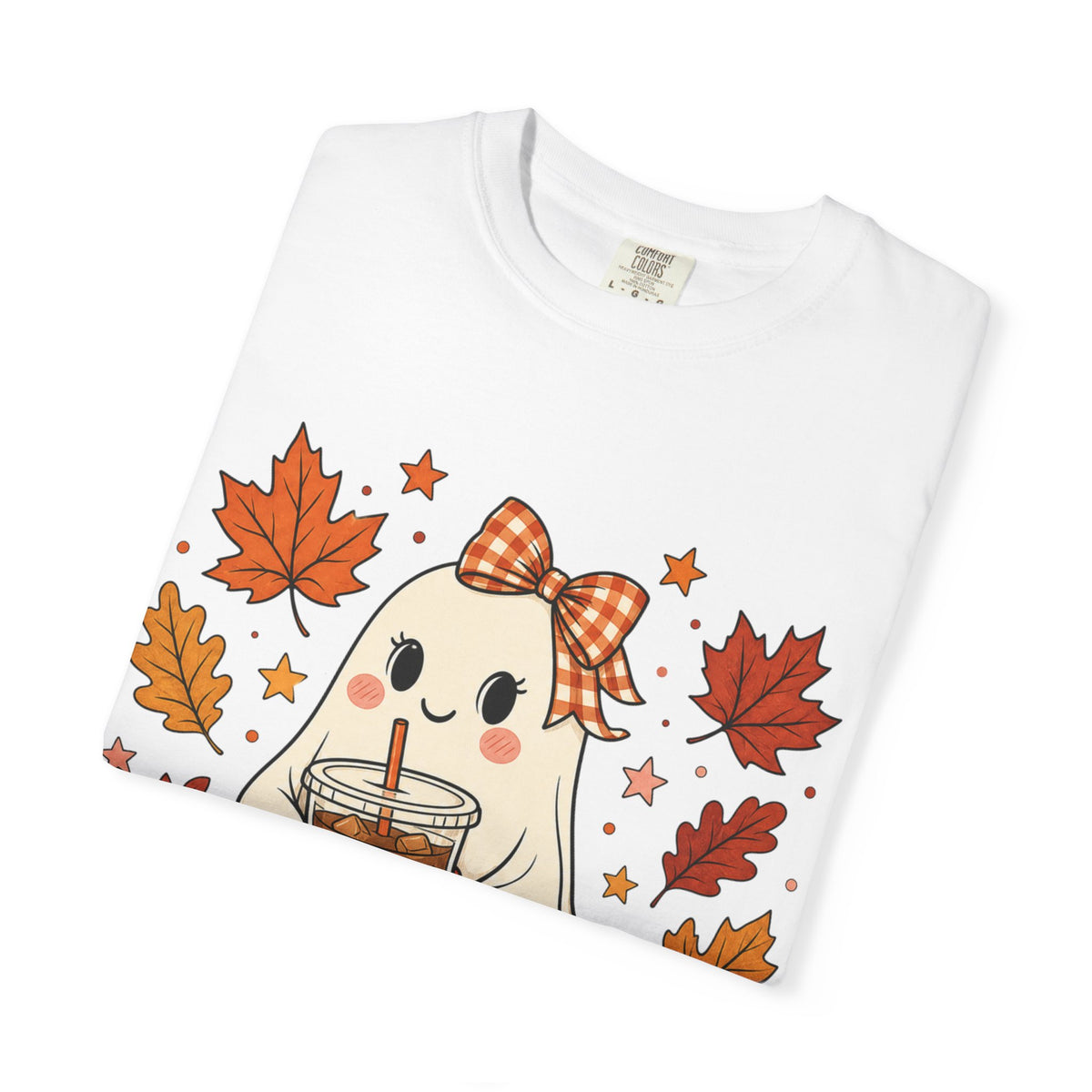 Cute Ghost Pumpkin Drink Tee — Fall Leaves Graphic T-Shirt