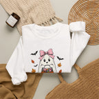 Cute Halloween Ghost Sweatshirt – Girl Ghost with Pumpkin Basket & Bats