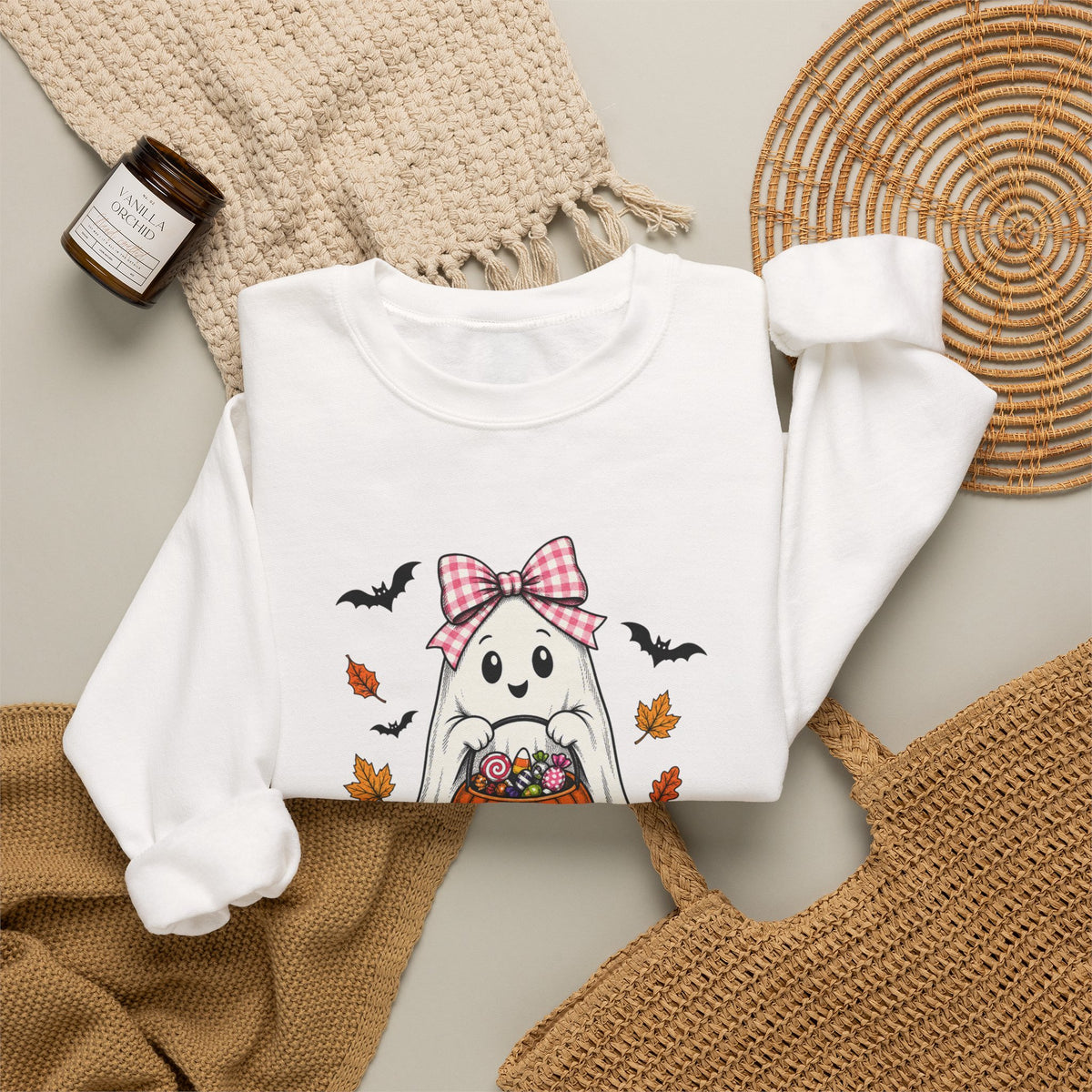 Cute Halloween Ghost Sweatshirt – Girl Ghost with Pumpkin Basket & Bats