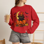 Halloween Black Cat Pumpkin Sweatshirt — Witch Hat, Moon & Bats Crewneck