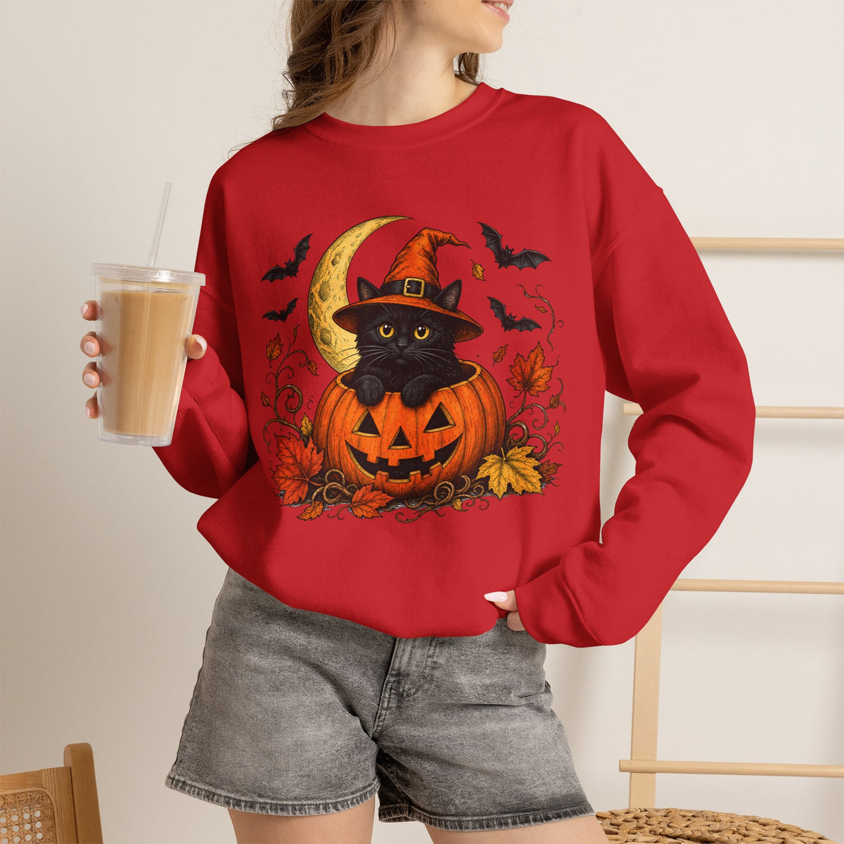 Halloween Black Cat Pumpkin Sweatshirt — Witch Hat, Moon & Bats Crewneck