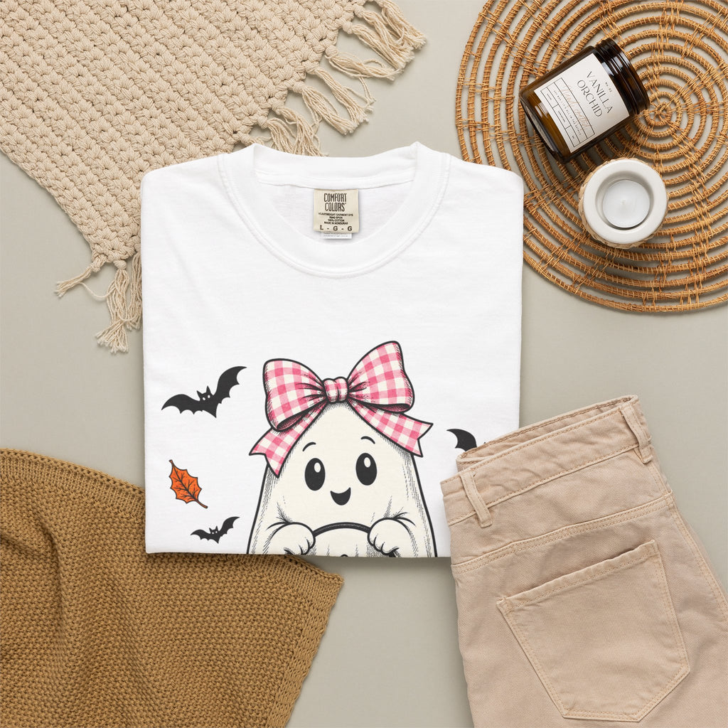 Cute Halloween Ghost T-Shirt — Trick-or-Treat Pumpkin & Bats