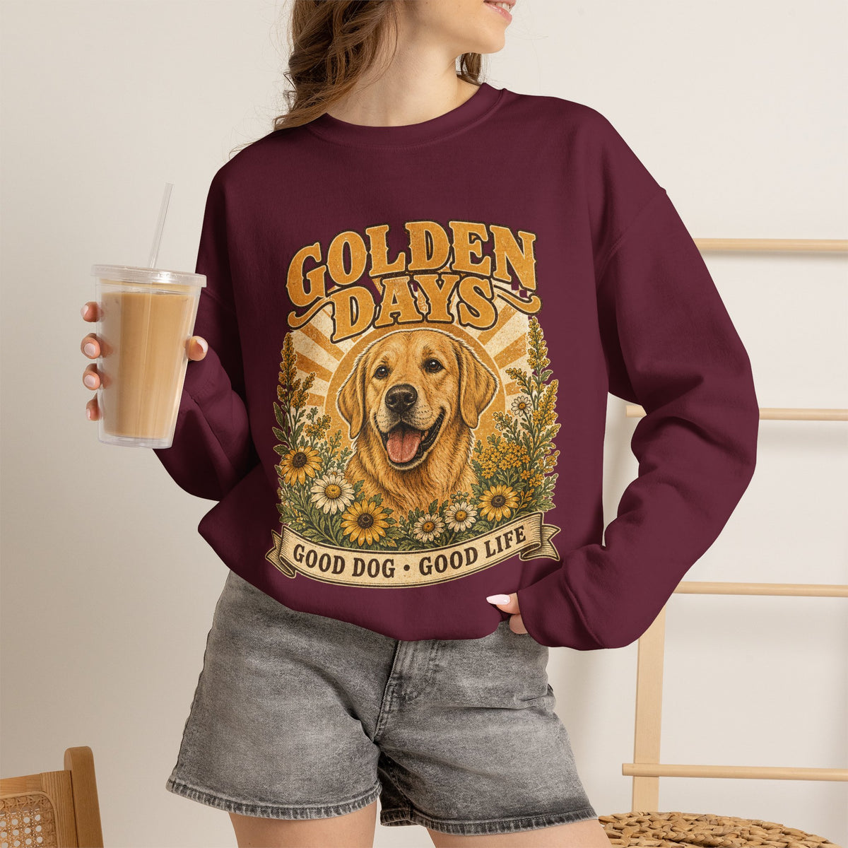 Sweatshirt — "Golden Days: Good Dog • Good Life" Retro Golden Retriever Crewneck