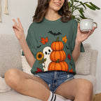Halloween Pumpkin Stack T-Shirt — Cute Ghost, Sunflower & Falling Leaves Design