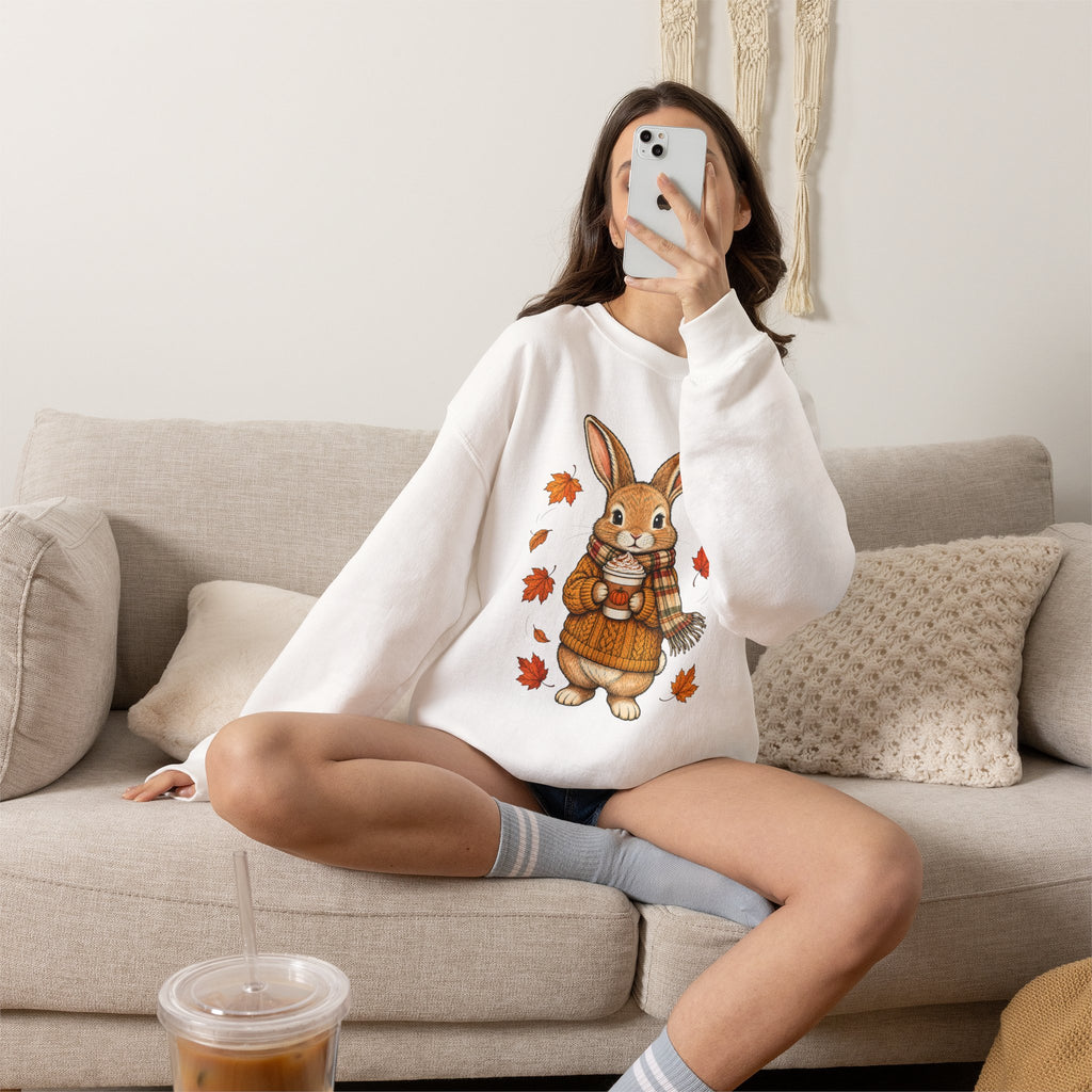 Autumn Bunny Sweatshirt – Cozy Fall Rabbit Holding Coffee
