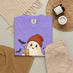 Halloween Ghost T-Shirt — Cute Ghost with Pumpkin & Coffee Graphic