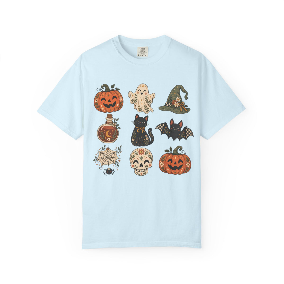 Halloween Icons T-Shirt — Cute Retro Pumpkins, Ghost, Cat & Skull Tee