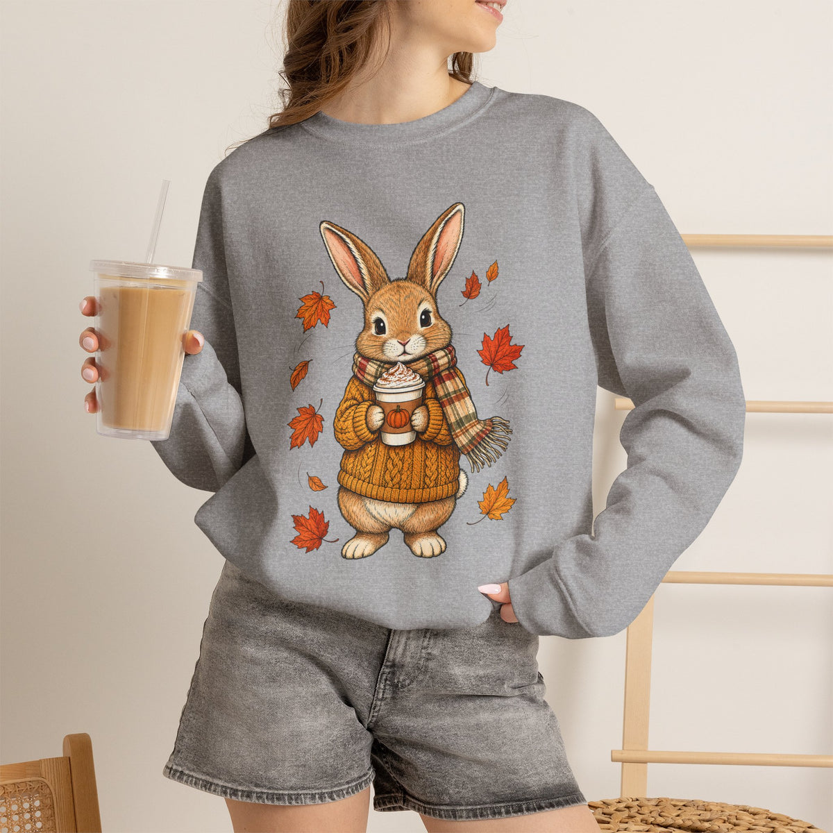 Autumn Bunny Sweatshirt – Cozy Fall Rabbit Holding Coffee
