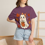 Cute Ghost Pumpkin Drink Tee — Fall Leaves Graphic T-Shirt