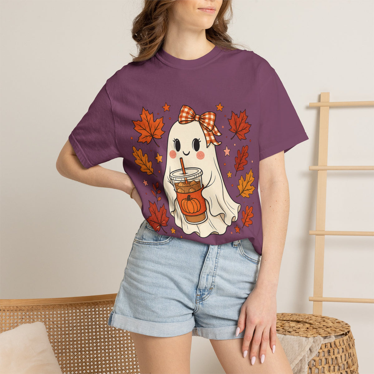 Cute Ghost Pumpkin Drink Tee — Fall Leaves Graphic T-Shirt