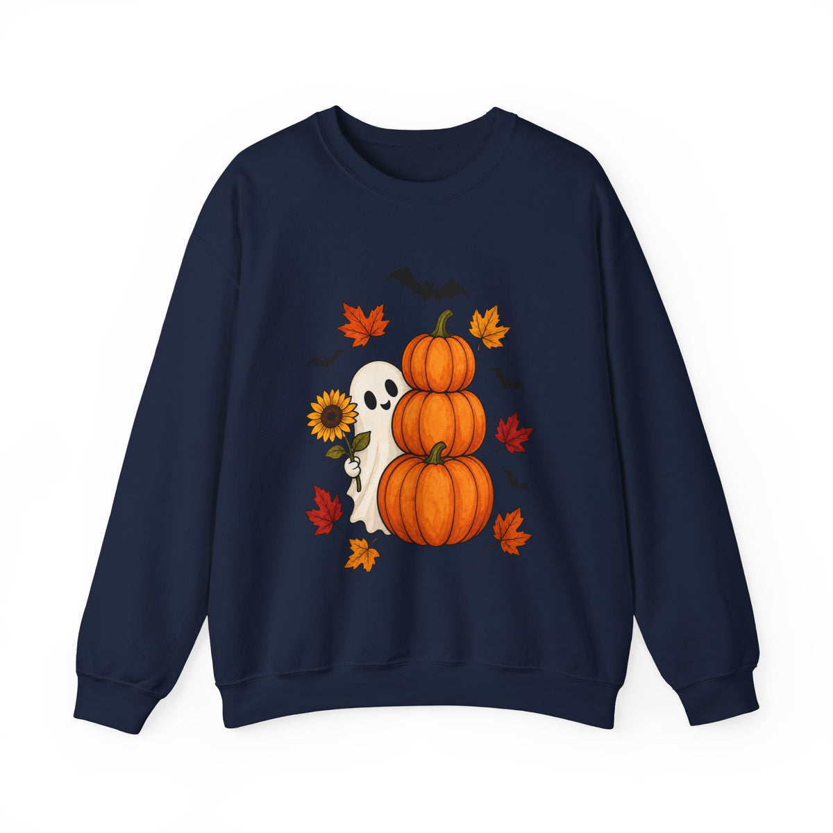 Halloween Pumpkin Stack Crewneck Sweatshirt — Ghost, Sunflower & Falling Leaves Design