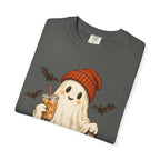Halloween Ghost T-Shirt — Cute Ghost with Pumpkin & Coffee Graphic