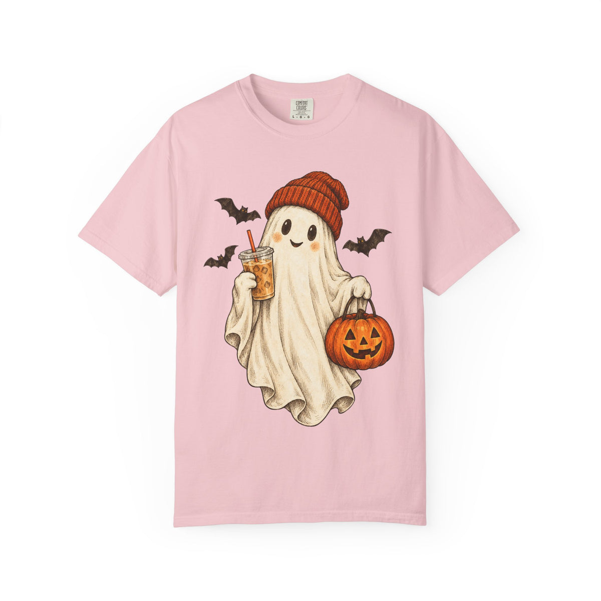 Halloween Ghost T-Shirt — Cute Ghost with Pumpkin & Coffee Graphic