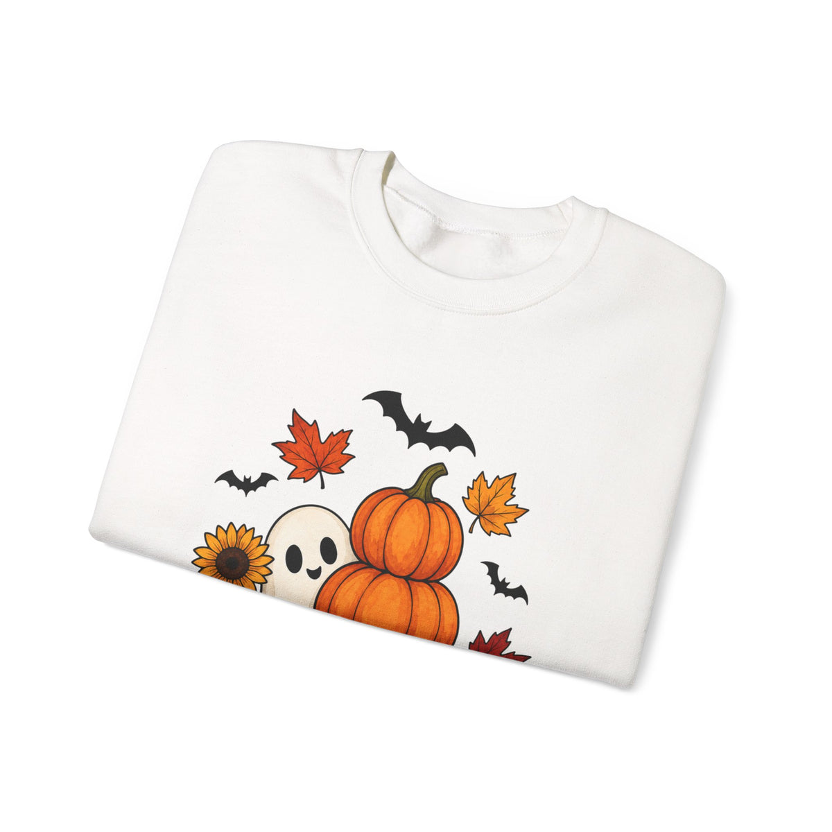 Halloween Pumpkin Stack Crewneck Sweatshirt — Ghost, Sunflower & Falling Leaves Design
