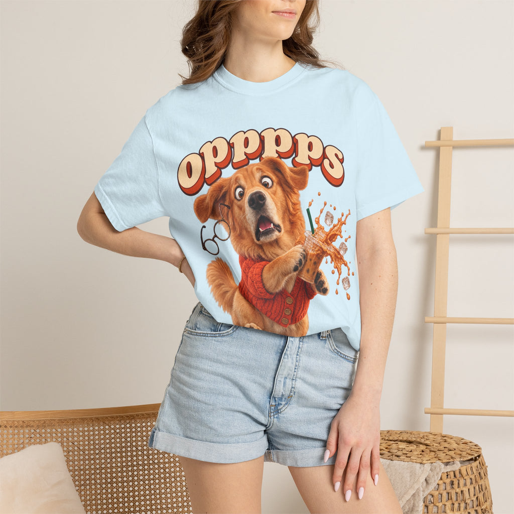 Oops Puppy T-Shirt — Cute Dog Spilling Coffee Graphic Tee