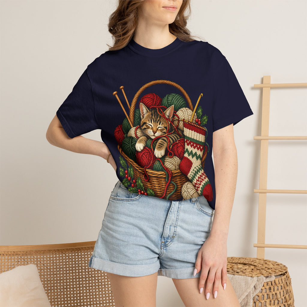 Cat in Yarn Basket T‑Shirt — Cozy Holiday Knitting Cat Tee