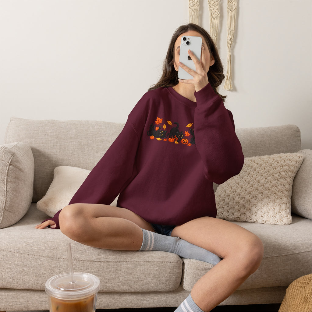 Herbst-Sweatshirt mit schwarzem Katzen-Motiv