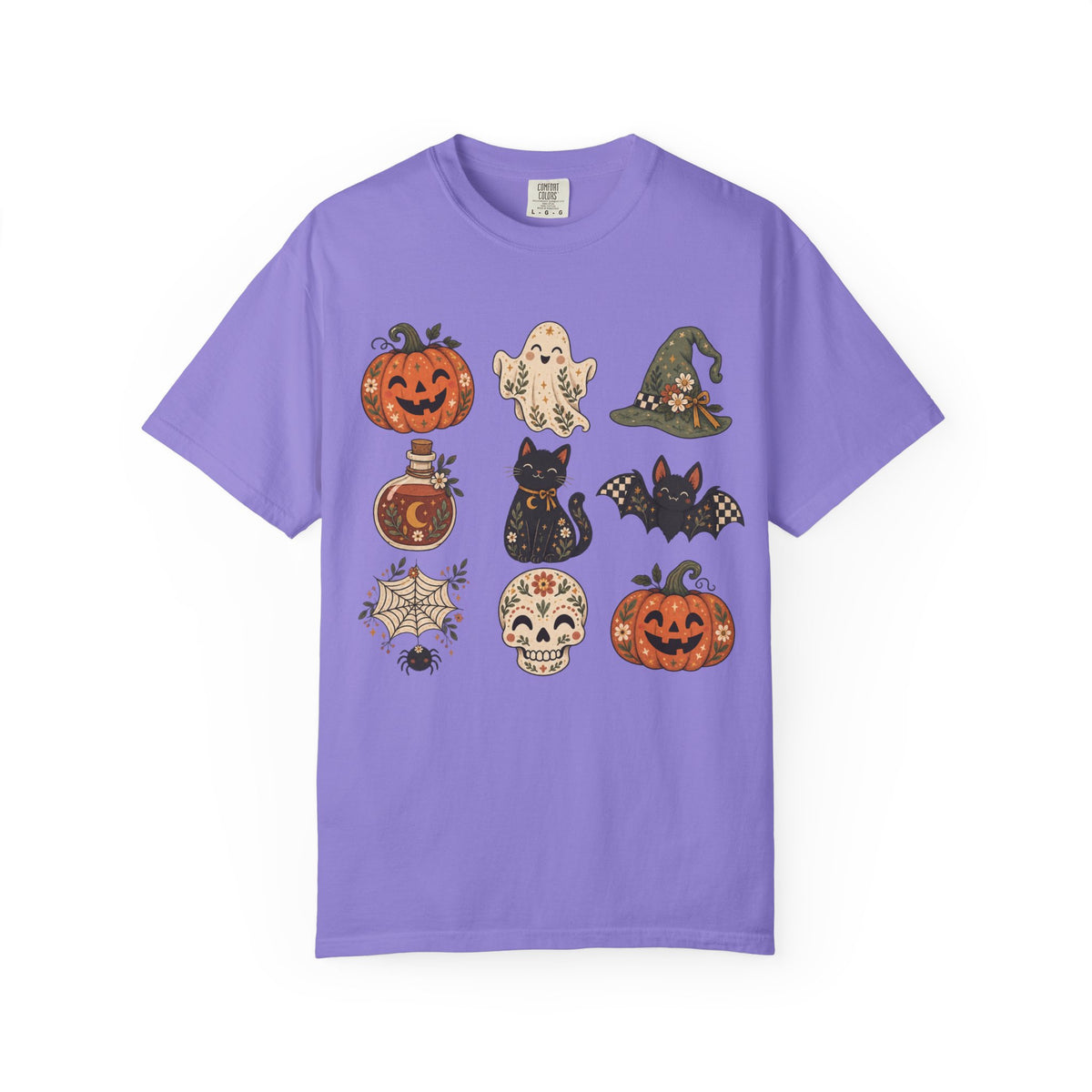 Halloween Icons T-Shirt — Cute Retro Pumpkins, Ghost, Cat & Skull Tee