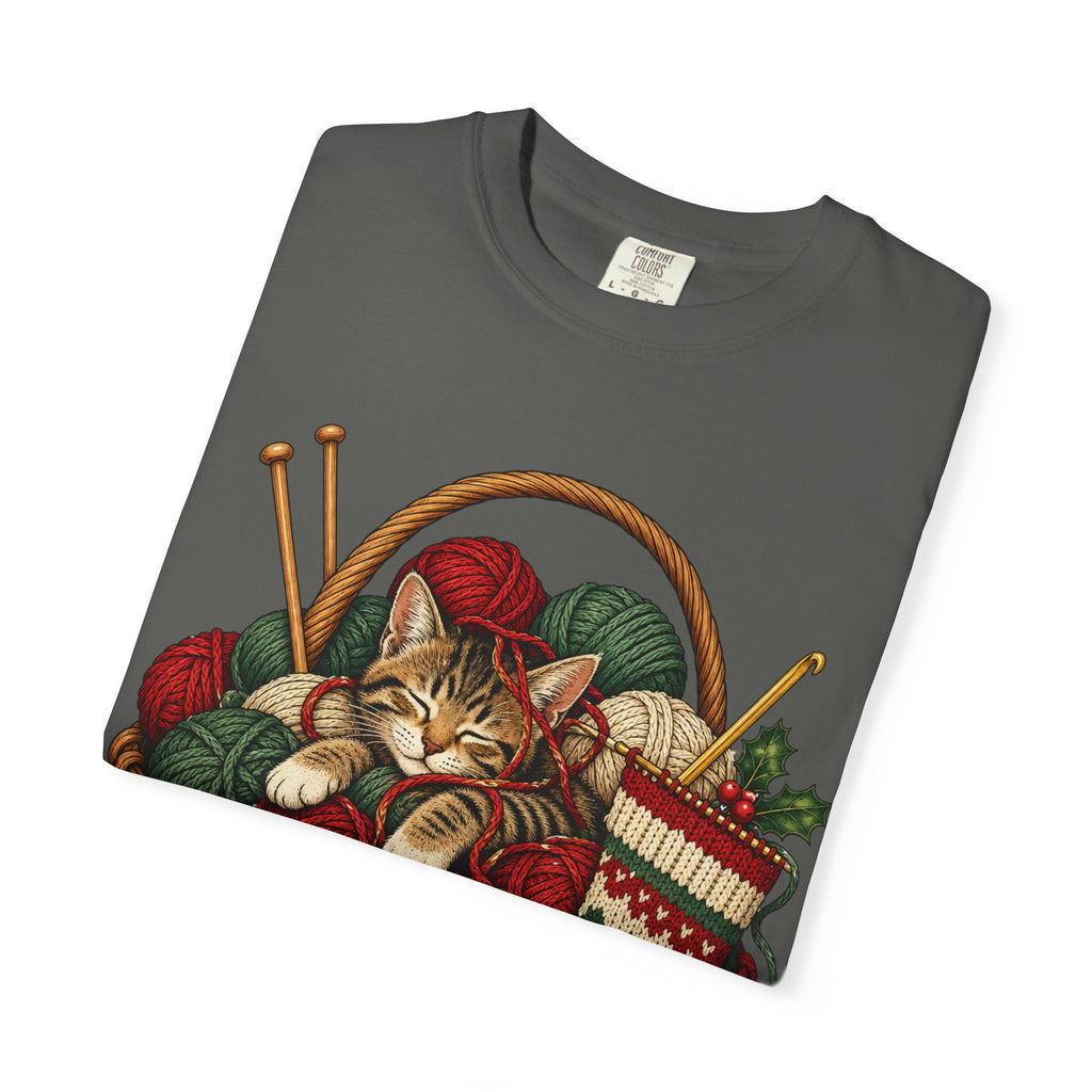 Cat in Yarn Basket T‑Shirt — Cozy Holiday Knitting Cat Tee