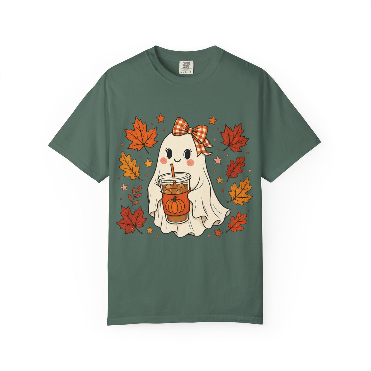 Cute Ghost Pumpkin Drink Tee — Fall Leaves Graphic T-Shirt