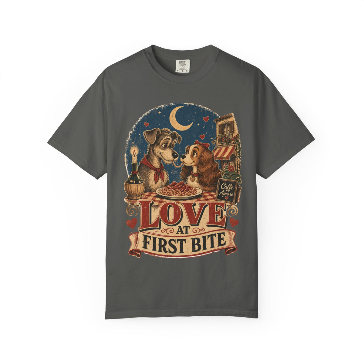 T-Shirt — "Love at First Bite" Vintage Pizza Date Dogs Tee
