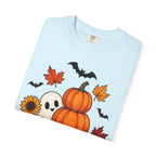 Halloween Pumpkin Stack T-Shirt — Cute Ghost, Sunflower & Falling Leaves Design