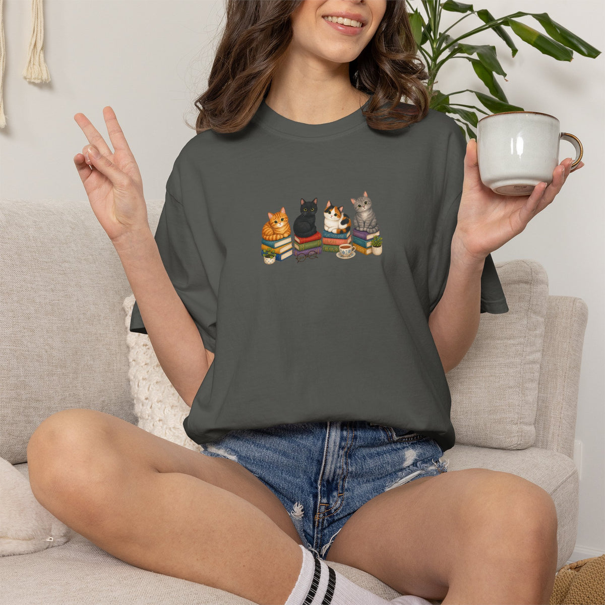 Cat Knit Crew T-Shirt — Cozy Cats Sitting Together Graphic Tee