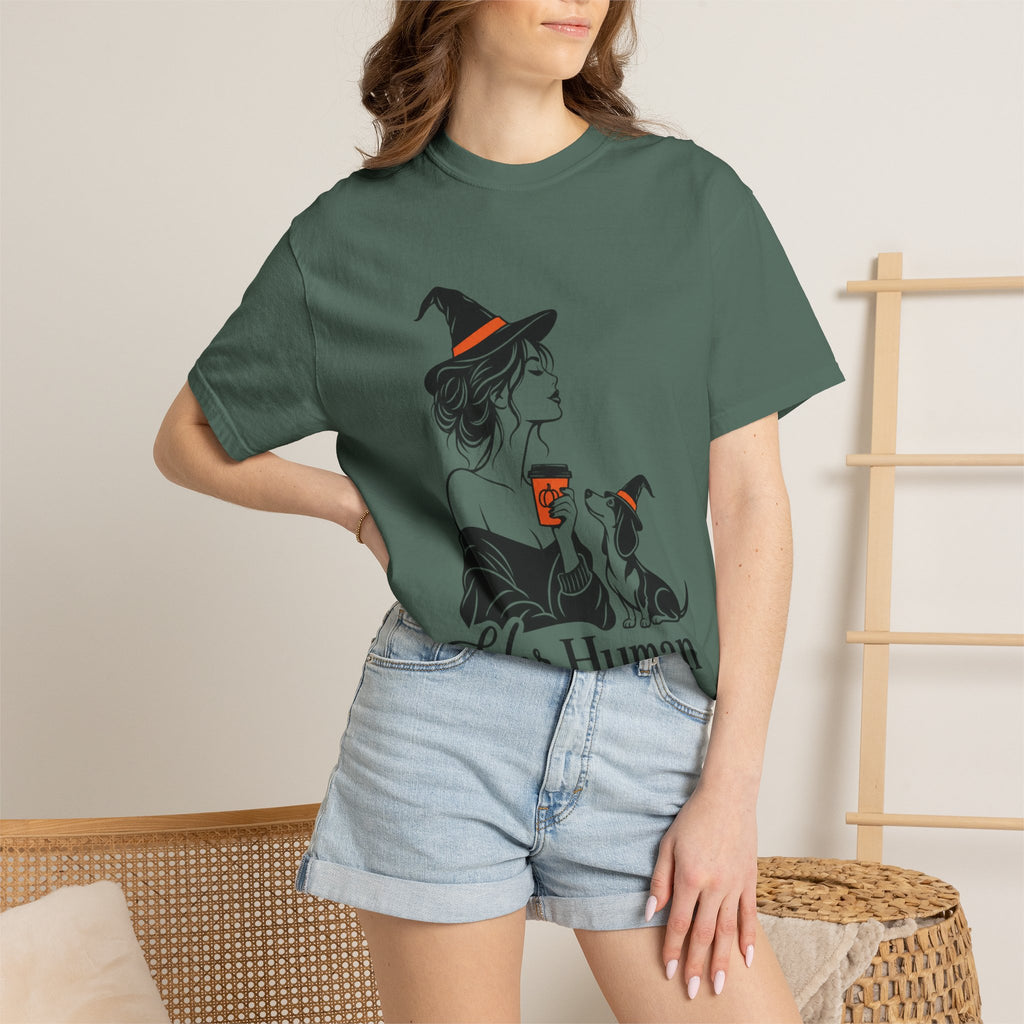 Her Human Witch Tee — Halloween Witch & Dog Graphic T-Shirt