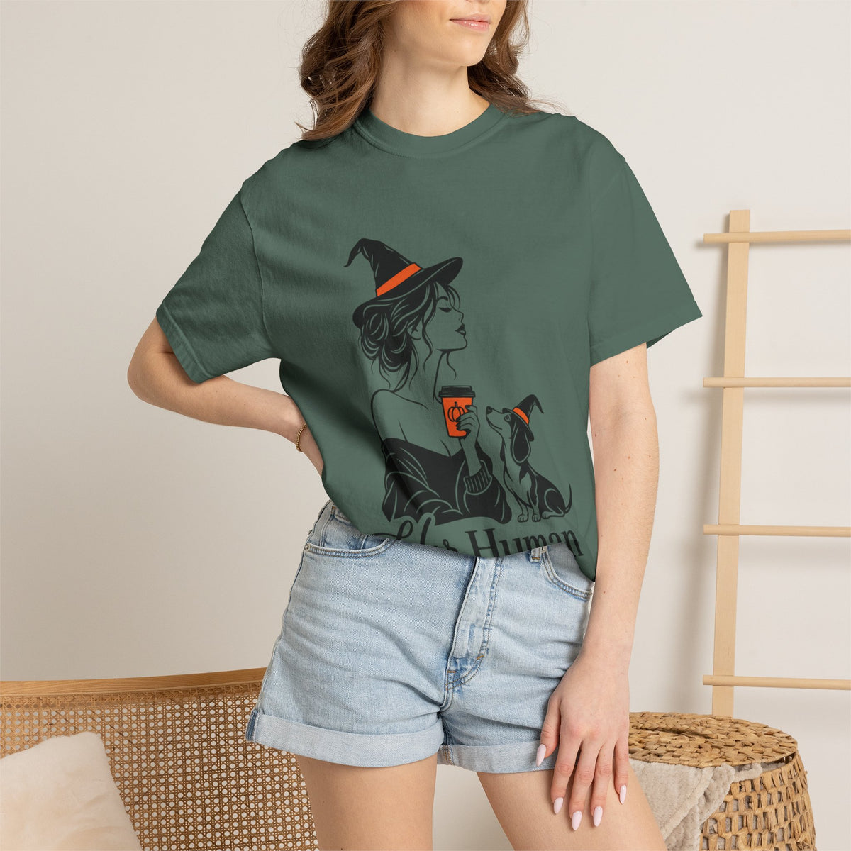 Her Human Witch Tee — Halloween Witch & Dog Graphic T-Shirt