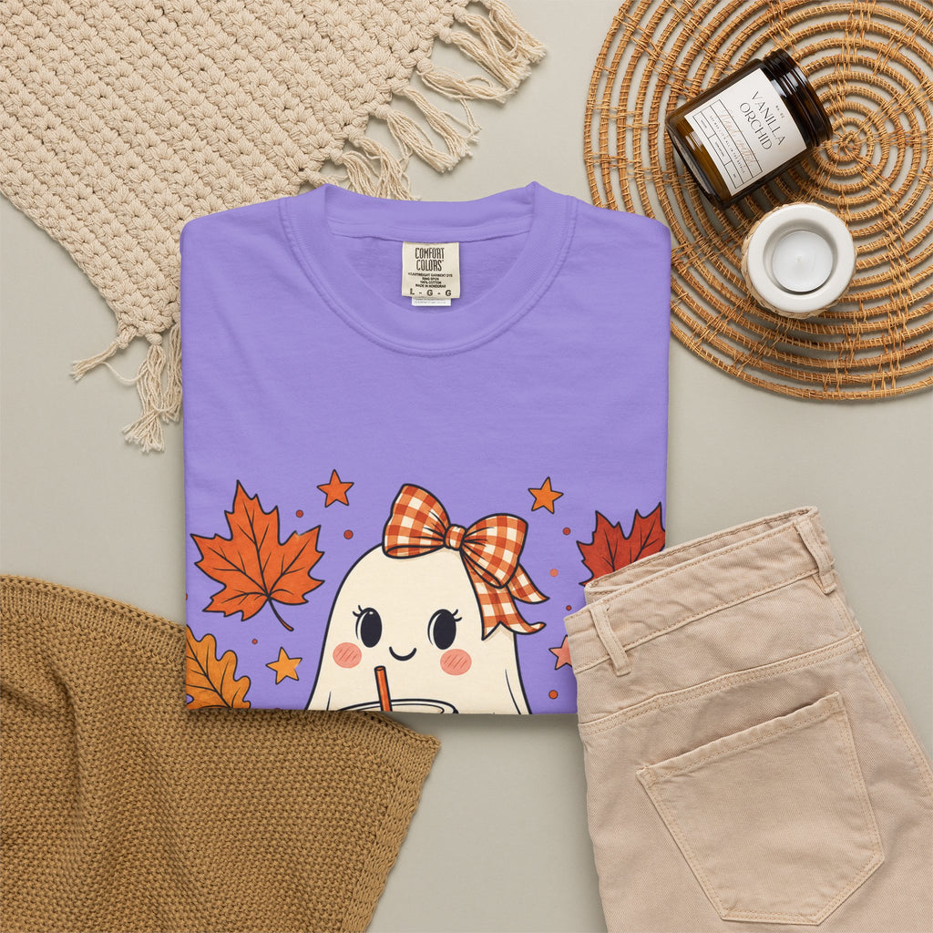 Cute Ghost Pumpkin Drink Tee — Fall Leaves Graphic T-Shirt