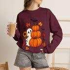 Halloween Pumpkin Stack Crewneck Sweatshirt — Ghost, Sunflower & Falling Leaves Design