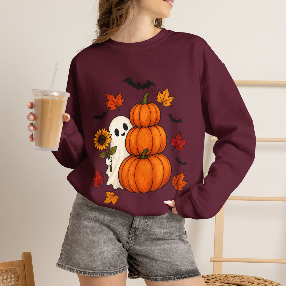 Halloween Pumpkin Stack Crewneck Sweatshirt — Ghost, Sunflower & Falling Leaves Design